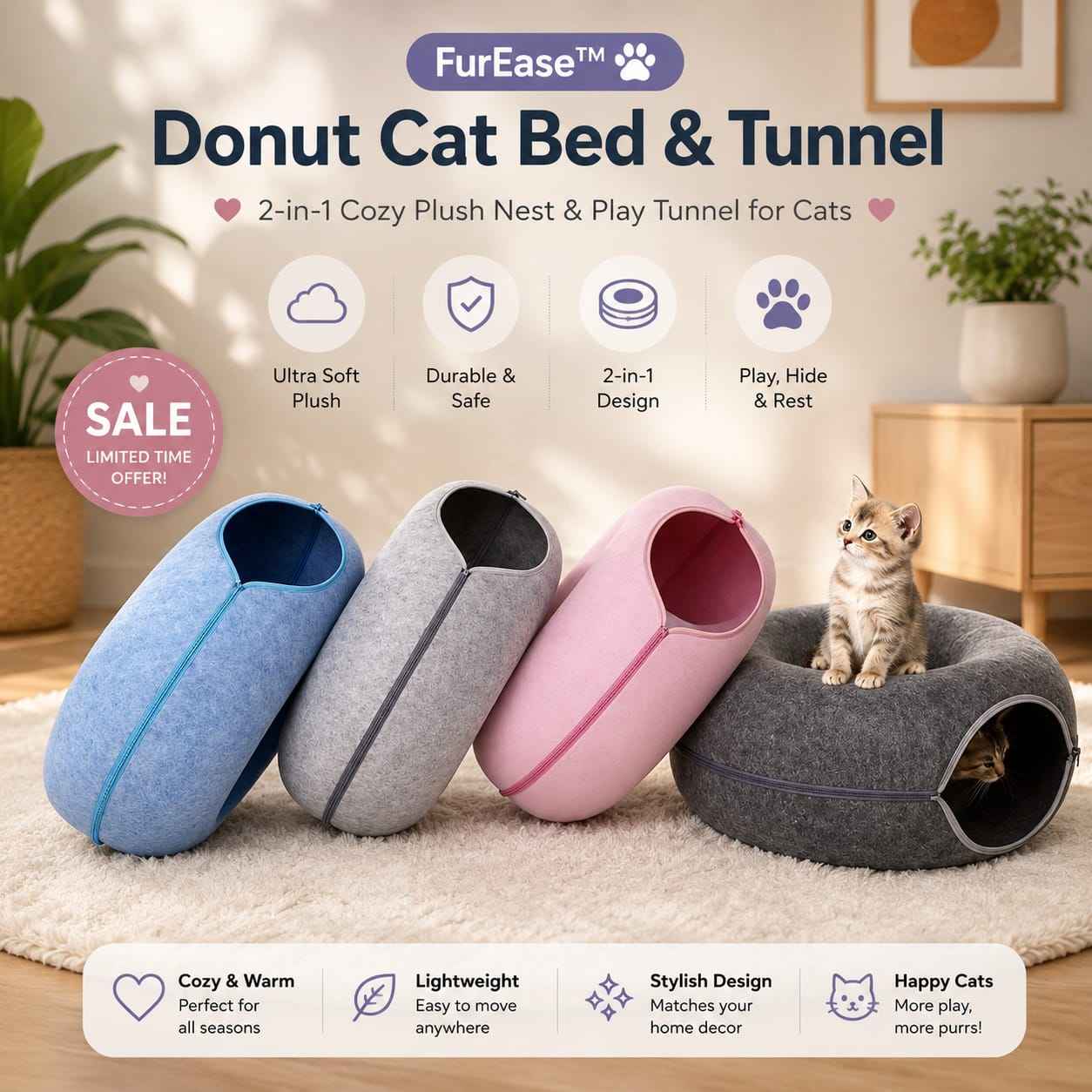 2 in 1 Foldable Cat Tunnel Bed Donut Plush Round Indoor Cat Nest Play Cave Cushion Warm Winter Pet Bed
