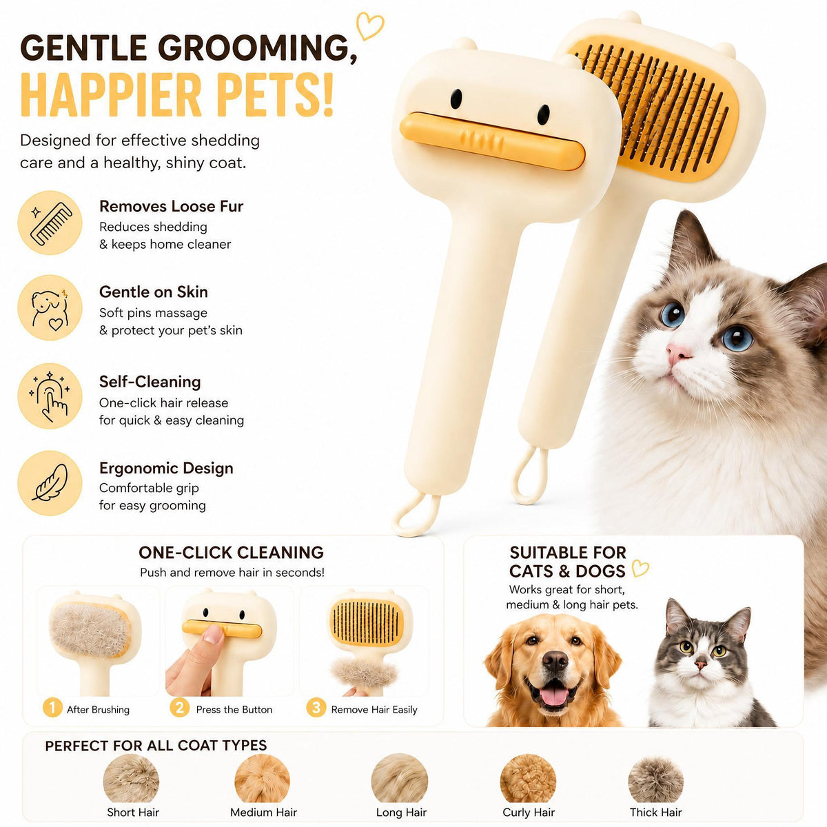 Cute Cartoon Bear Self-Cleaning Pet Brush Universal Deshedding Comb For Cats And Dogs Removes Loose Fur & Detangles Comfortable Non-Slip Handle Pet Grooming Tool - FurEase