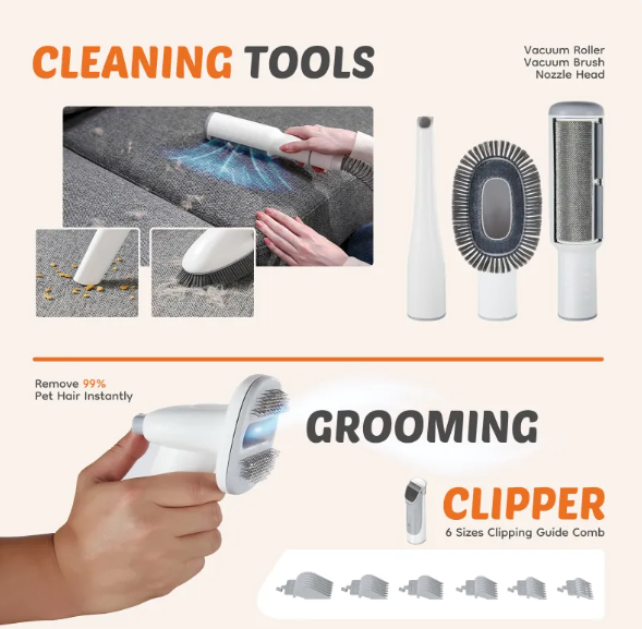 Dog Hair Clipper with Vacuum, Low Noise Pet Grooming Vacuum, Shedding Brush Suction Kit