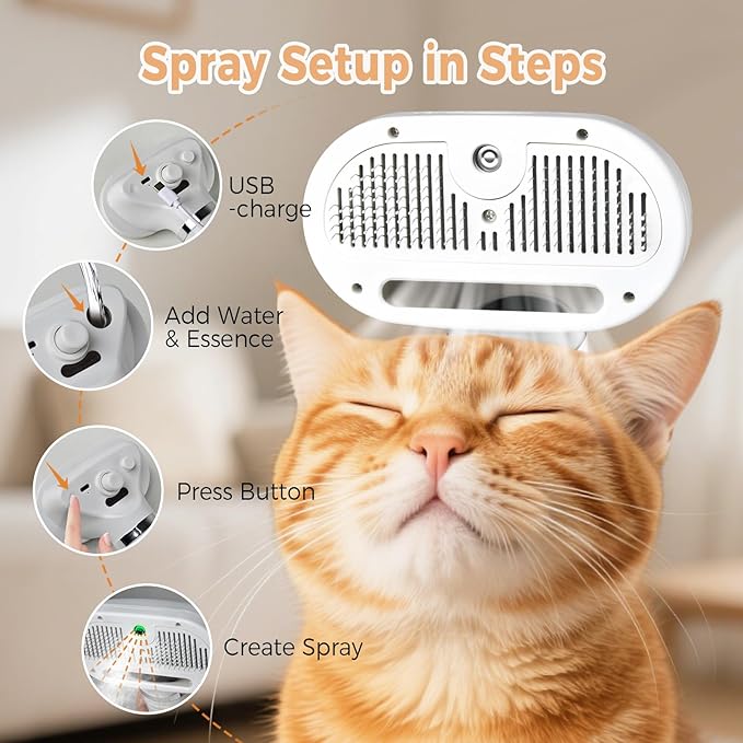 3 In 1 Cat Steam Brush, Pet Steam Brush For Cat Dog Long Short Haired, Pet Spray Hair Removal Comb For Small Animals Shedding & Grooming, Water Mist Spray Brushes With Release Button - FurEase