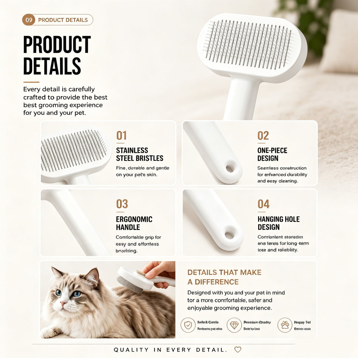 Pet Slicker Brush For Cats & Dogs, Self-Cleaning Grooming Brush With One-Click Hair Removal, Gentle Deshedding Tool For Long & Short Hair, Skin-Friendly Pet Grooming Comb - FurEase