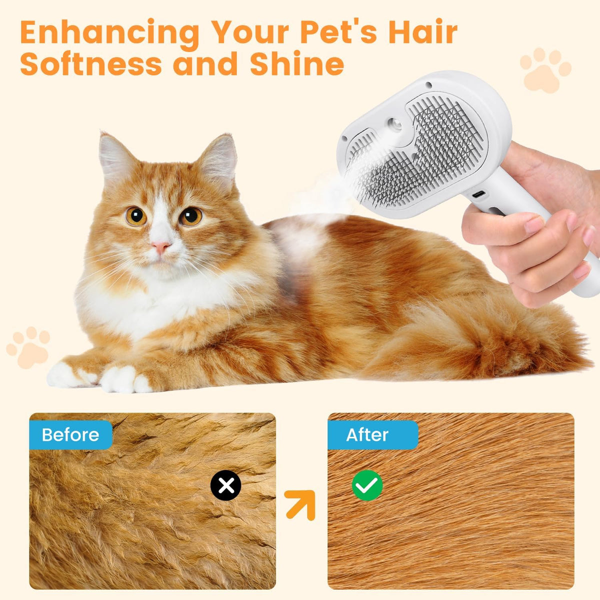 3 In 1 Cat Steam Brush, Pet Steam Brush For Cat Dog Long Short Haired, Pet Spray Hair Removal Comb For Small Animals Shedding & Grooming, Water Mist Spray Brushes With Release Button - FurEase
