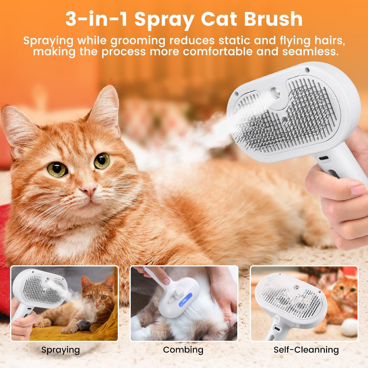 3 In 1 Cat Steam Brush, Pet Steam Brush For Cat Dog Long Short Haired, Pet Spray Hair Removal Comb For Small Animals Shedding & Grooming, Water Mist Spray Brushes With Release Button - FurEase