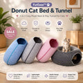 FurEase 2-in-1 donut cat bed and tunnel in blue, grey, pink, and dark grey felt