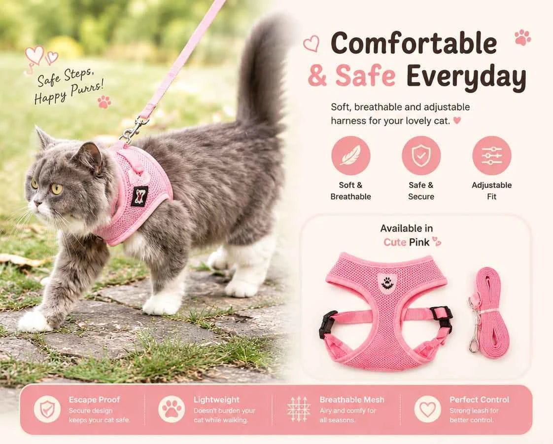 FurEase™ Escape-Proof Cat Harness & Leash Set | Adjustable & Comfortable for Safe Outdoor Adventures