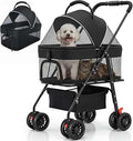 A black pet stroller with mesh windows, shown with a small white dog sitting inside and a second view of the stroller folded or parked beside it. The stroller has four wheels, a storage basket underneath, and a handlebar, photographed on a clean white background.