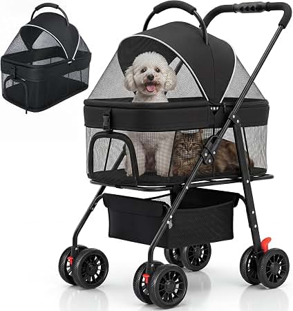 A black pet stroller with mesh windows, shown with a small white dog sitting inside and a second view of the stroller folded or parked beside it. The stroller has four wheels, a storage basket underneath, and a handlebar, photographed on a clean white background.