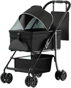 A black convertible stroller and pet carrier travel system with a canopy, mesh window, side pocket, and four wheels, shown on a plain white background.