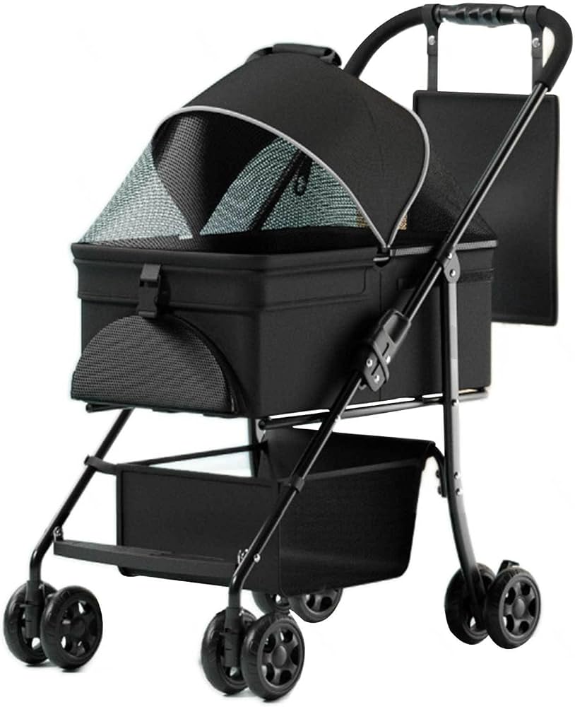 A black convertible stroller and pet carrier travel system with a canopy, mesh window, side pocket, and four wheels, shown on a plain white background.