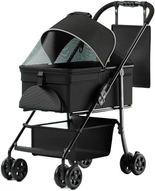 A black convertible stroller and pet carrier travel system with a canopy, mesh window, side pocket, and four wheels, shown on a plain white background.
