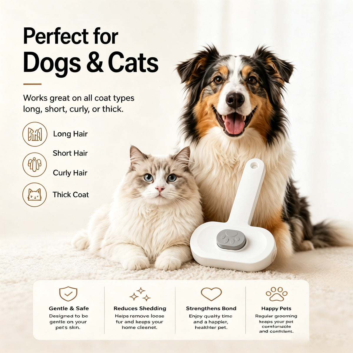 Pet Slicker Brush For Cats & Dogs, Self-Cleaning Grooming Brush With One-Click Hair Removal, Gentle Deshedding Tool For Long & Short Hair, Skin-Friendly Pet Grooming Comb - FurEase