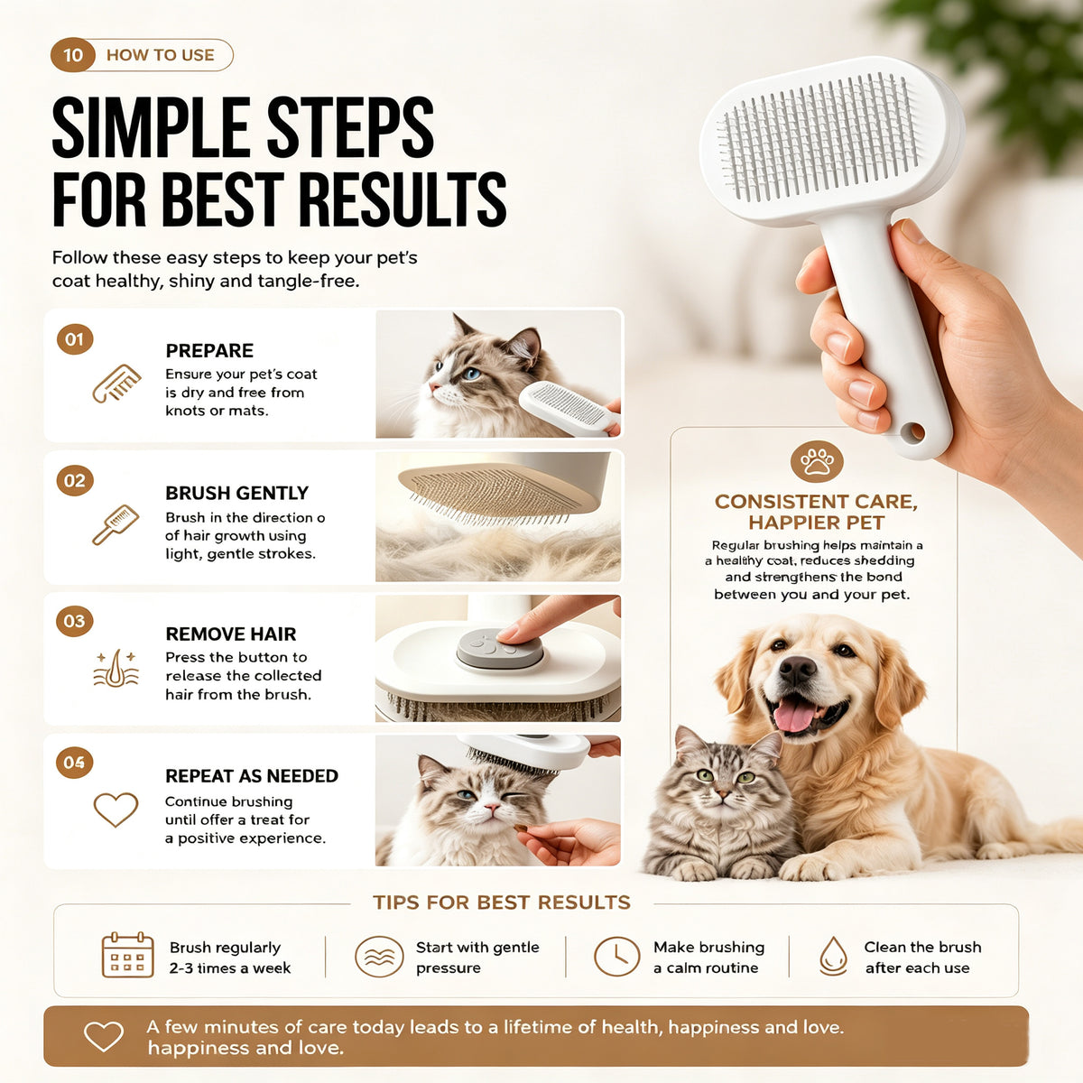 Pet Slicker Brush For Cats & Dogs, Self-Cleaning Grooming Brush With One-Click Hair Removal, Gentle Deshedding Tool For Long & Short Hair, Skin-Friendly Pet Grooming Comb - FurEase