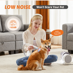 ultra quiet low noise pet grooming vacuum under 65dB gently brushing golden dog on carpet